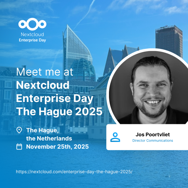 marketing picture with view of The Hague and Nextcloud logo, invitation to event & picture of speaker