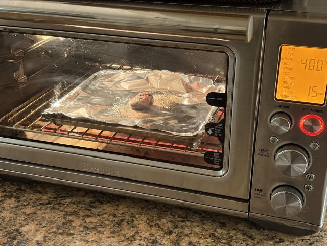 one (1) singular chestnut in my toaster oven on a tray. there are exactly two drops of olive oil on it. 