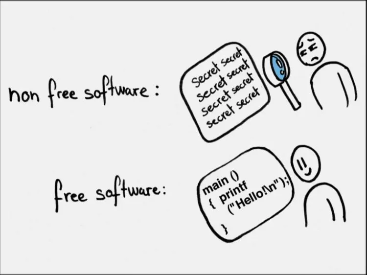 Un dibujo en dos viñetas. En la primera se ve a una persona triste intentando leer un código, pero no puede porque no es software libre.