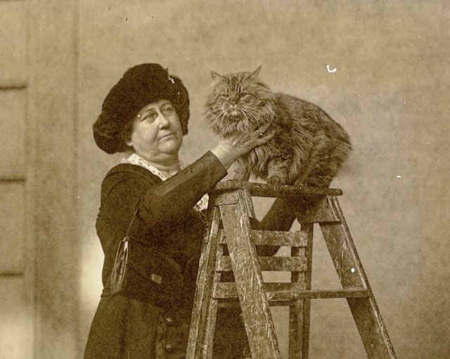 Sepia toned image of a middle aged white woman in dark garments looking at a very fluffy and grumpy looking tabby cat. The cat is standing at the top of a folding wooden ladder, presumably for the purpose of displaying it for this photo because the woman seems to be gently but firmly holding it in place there.