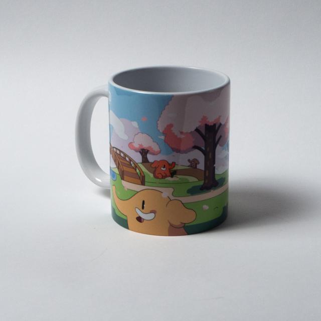 A ceramic mug with a comfortable handle, featuring a spring-themed cherry blossoms design with many cute Mastodons.