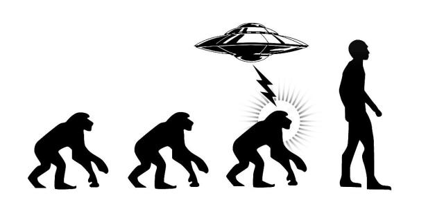 A line of apes suddenly turns into a human after being zapped by a flying saucer.