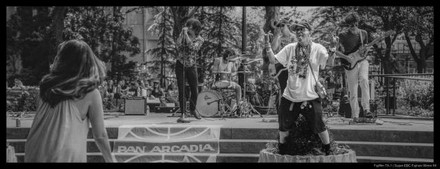 A n audience member stands in a stone flower planter and strikes a pose as a small band performs behind them, one singing and the other two on instruments.
