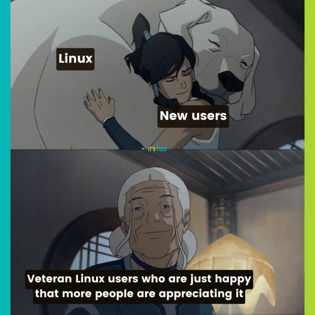 The first picture shows two beings hugging; the giant white dog is called "Linux", the human is called "new users".

The second picture shows an older person smirking; they are called "Veteran Linux users who are just happy that more people are appreciating it."