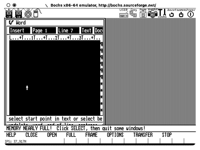 a monochrome screenshot of a Word for VisiOn text processor:
"memory nearly full, click SELECT, then quit some windows!" 