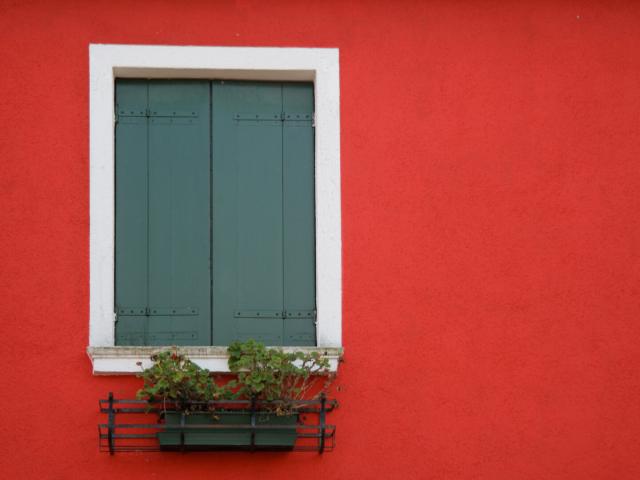 A green window shutter on a vibrant red wall with a small plant box underneath.
