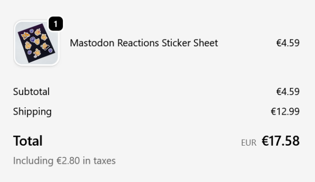 €4.59 stickers + €12.99 shipping = €17.58 total