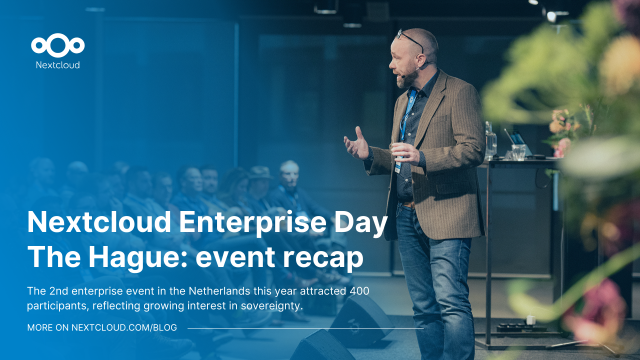 Featured image for the article “Digital sovereignty is gaining momentum in the Netherlands, Nextcloud Enterprise Day shows“ with title and background photo showing a speaker on the stage