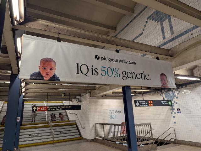 Huge ad banner for an IVF company that reads "IQ is 50% genetic"