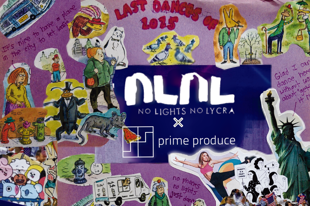 A banner style poster made from cuts outs from some sort of magazine cartoon. There are many wacky characters and a small cluster of dancing around the statue of liberty.