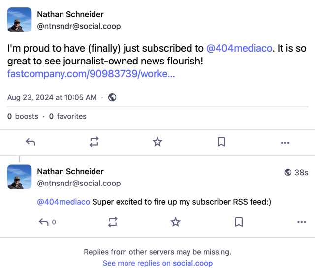 Screenshot of posts (thread) by @ntnsndr@social.coop dated 2024-08-23 used in Mastodon documentation.