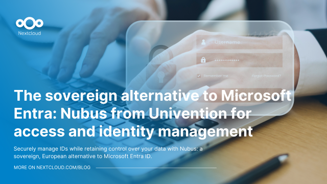 Featured image for blog post "Nubus from Univention as Microsoft Entra alternative" showing someone entering their login credentials on a laptop.