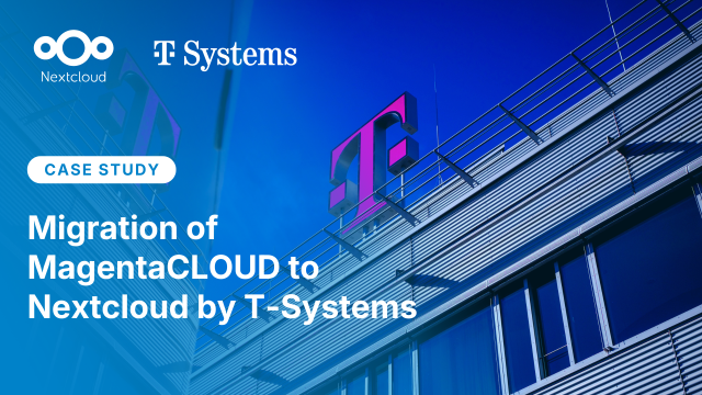 Featured image for case study “Migration of MagentaCLOUD to Nextcloud by T-Systems” with title and building face with T-Systems logo