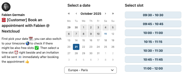 Screenshot with a calendar and time slots available to pick for an appointment