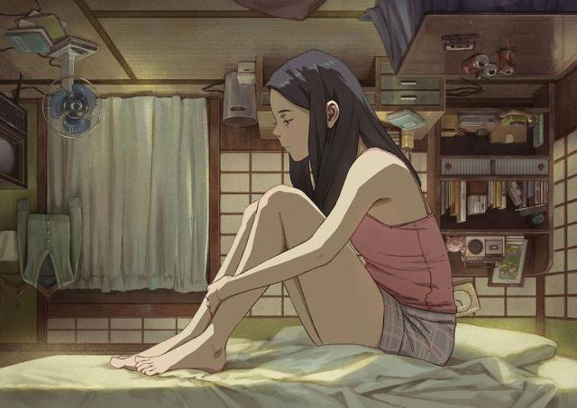 a girl sitting in a room that's upside down and too small for her