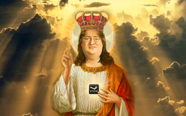 Gabe Newell in his classic attire of medieval god, shining his light on us the common folks from the clouds of heaven.