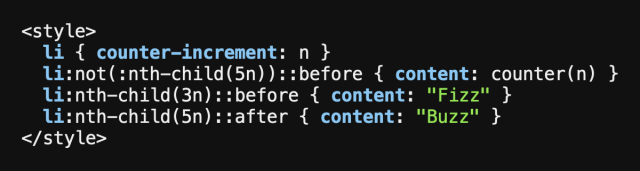A screenshot of CSS code printing Fizz Buzz
