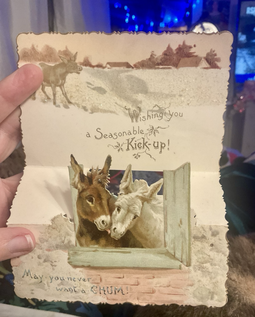 An Edwardian Christmas card with donkeys on saying ‘ wishing you a seasonal kick up’.