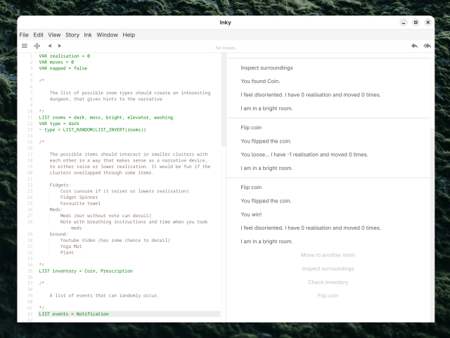 A screenshot of Inky, a text editor that allows for writing of ink script on the left side, and displaying the running program of that script on the right. 