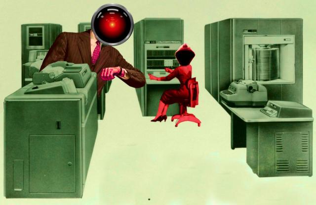 A 1960s ad for IBM mainframes, featuring a woman in an office chair seated at a console, surrounded by large processing and storage units. It has been modified. A man in a business suit, impatiently checking his watch, looms out from between two of the cabinets. His head has been replaced with the glaring red eye of HAL 9000 from Stanley Kubrick's '2001: A Space Odyssey.' The woman's head has been replaced with a hacker's hoodie. Both the woman and the man have been tinted red.


Image:
Cryteria (modified)
https://commons.wikimedia.org/wiki/File:HAL9000.svg

CC BY 3.0
https://creativecommons.org/licenses/by/3.0/deed.en