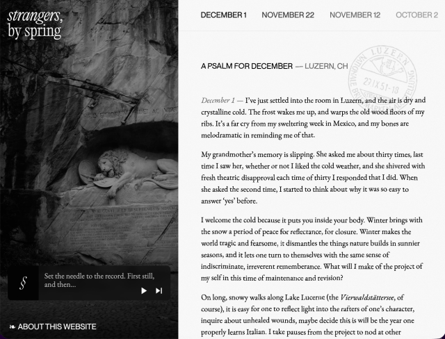 A website with a blogroll on the right, and some links, imagery, and audio files on the left. The page is light themed.