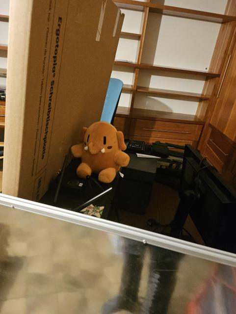 Orange Plushtodon plushie sitting on top of a computer stuck between a turned around Whiteboard, a monitor and a tabletop. In the background there are empty shelves and cupboards.