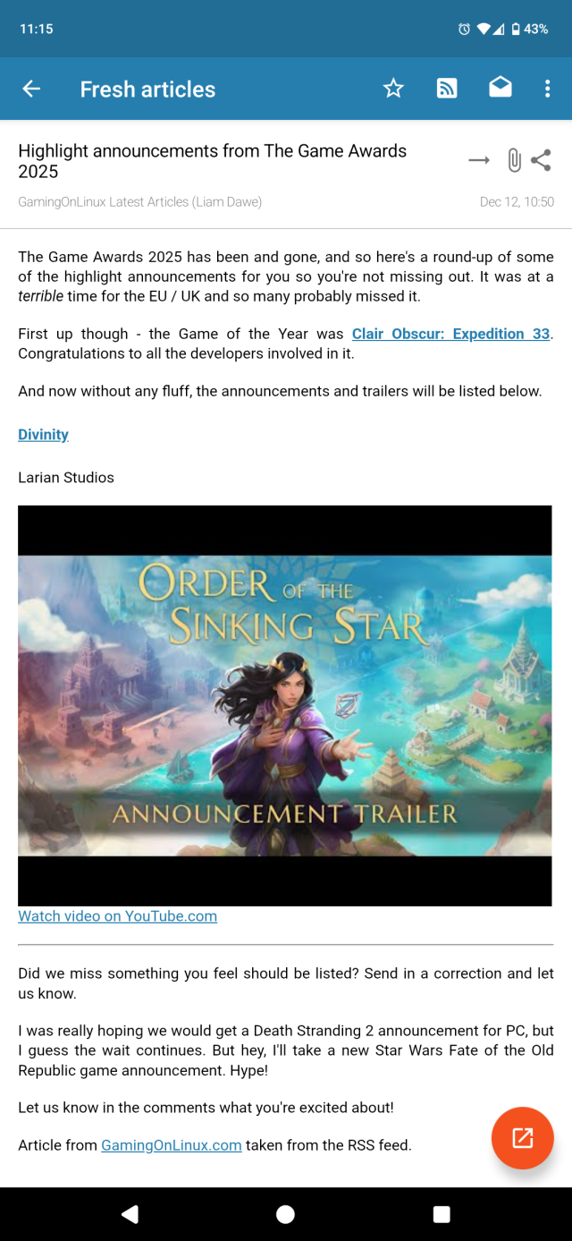 Screenshot of the RSS feed entry of this news post, only listing divinity by larian studios and none of the other entries