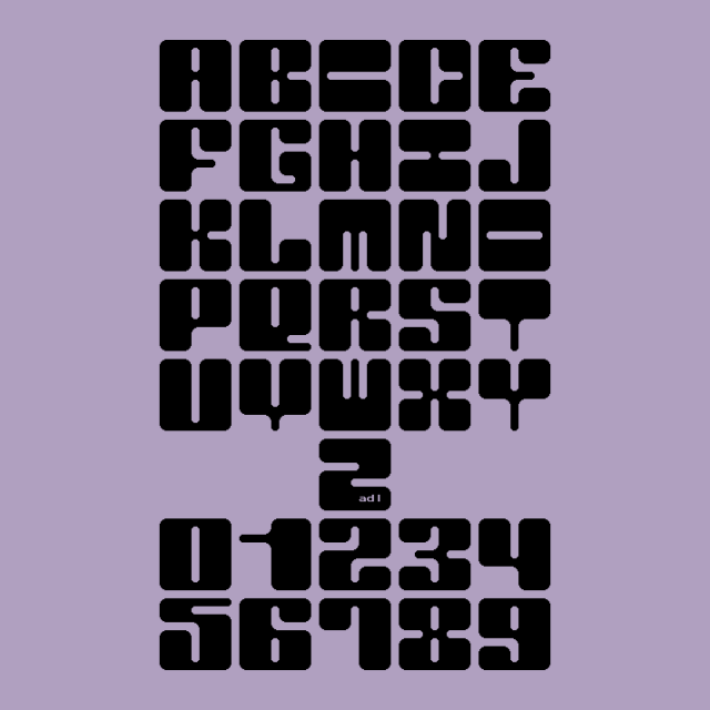 letters and numbers of a thick square psychedelic display font