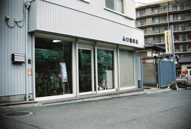 The image depicts a street scene featuring a light gray commercial building with vertical siding. Above the entrance, a sign displays the Japanese text “山口燃料店” (indicating a fuel store). The storefront has large glass windows and sliding doors; inside, potted plants and shelves with items are visible. To the right of the store, a vertical sign with Japanese text is mounted on a pole. Behind the store, a multi - story apartment building with numerous windows is visible. To the far right, a blue metal gate and small adjacent structures (possibly residential or commercial) are present. The street is paved with a curb along the building’s edge. Additional details include electrical boxes on the building’s wall, a small plant near the building’s base, and a white van parked near the blue gate.