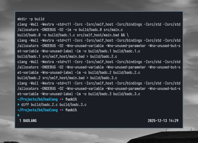 A terminal, showcasing compilation logs for 4 versions  of a compiler. The last 2 produce identical C code as shown with the diff command.