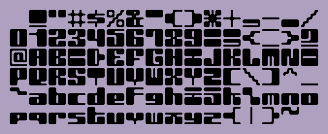All ASCII printable characters of a thick square psychedelic display font