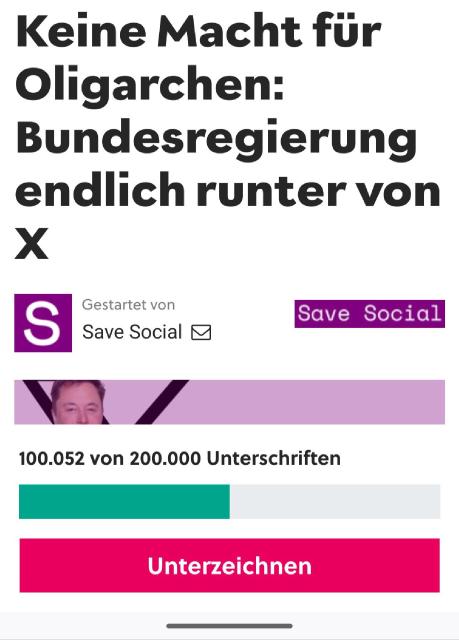 Ein Bild einer Petition auf einem dunklen Hintergrund. Oben steht in großen, weißen Buchstaben: „Keine Macht für Oligarchen: Bundesregierung endlich runter“. Darunter steht in kleinerer Schrift: „Gestartet von Save Social“. Unterhalb des Textes befindet sich ein lila Banner mit einem Portrait eines Mannes darin. Darunter steht: „100.052 von 200.000 Unterschriften“. Unterhalb der Unterschriften befindet sich ein horizontaler, grüner Balken. Am unteren Rand des Bildes befindet sich ein pinkfarbener Button mit dem Text „Unterschreiben“.

Bereitgestellt von @altbot, privat und lokal generiert mit Gemma3:27b

🌱 Energieverbrauch: 0.102 Wh