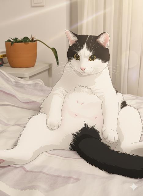 AI anime drawing of my Tuxedo cat sitting weirdly on the bed and staring at me