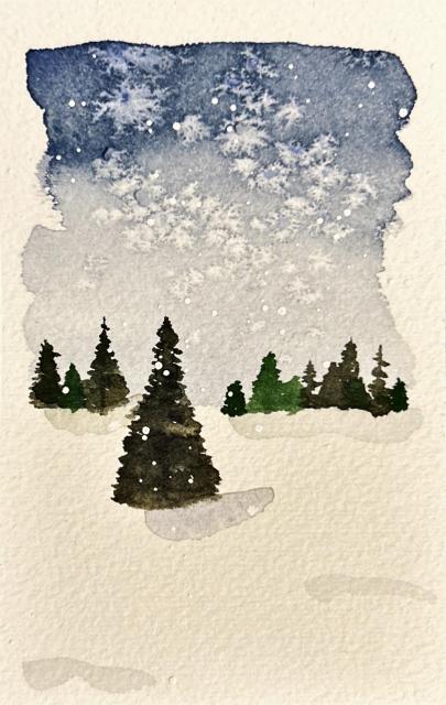 A small watercolor painting of a winter landscape: dark evergreen trees stand in snowy drifts beneath a pale, clouded sky that fades from light gray to deep blue, dotted with white specks suggesting falling snow.