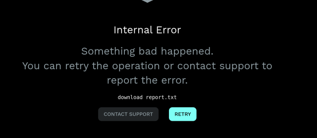 A screenshot from the Penpot app error screen saying: "Internal Error. Something bad happened. You can retry the operation or contact support to report the error."