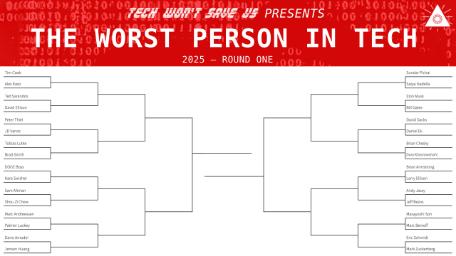Bracket showing the 32 names in the Worst Person in Tech 2025