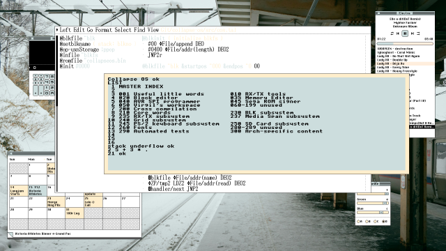 CollapseOS running on Varvara, with some of the codebase at the back in Left.