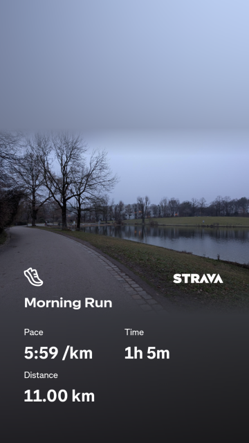Photo of a path near the lake with leafless trees. showing 11km distance and 5:59 /km running stats