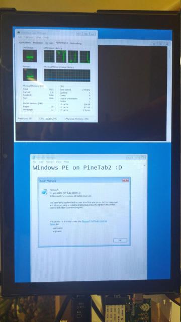 PineTab 2 with Windows PE running. There is a command prompt, task manager (with performance tab selected), Notepad which said "Windows PE on PineTab2 :D" on it, and the about dialog of Notepad.

Task manager reveals that the device has 4 cores (up and running), used 737 MB.