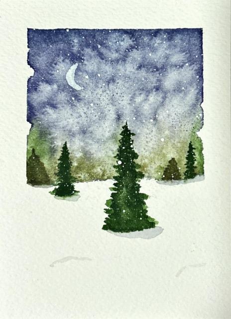 A small watercolor painting of a snowy landscape at night: evergreen trees stand in a white field beneath a deep blue, star-speckled sky, with a pale crescent moon hanging above.