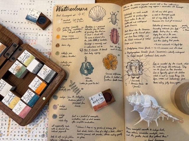 a set of watercolours in a wooden box; a spread of a kraft paper notebook containing handwritten notes and illustrations of insects and flora, the ingredients of the pigments in the watercolours