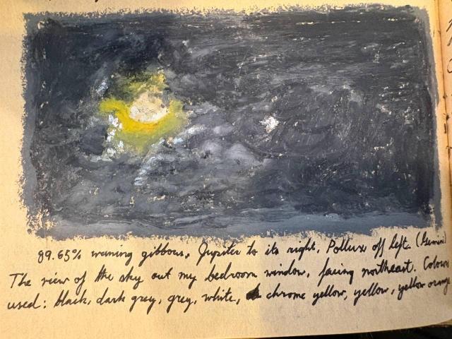 oil pastel rendering of the moon in the night sky outside my bedroom window
