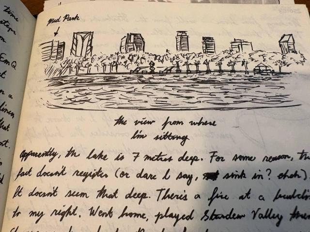 a pen drawing of a lake and accompanying journal entry. this page is from January 2025, when I just started daily journaling