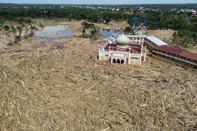 (Illegal) logs surround a mosque and a boarding school in Aceh.