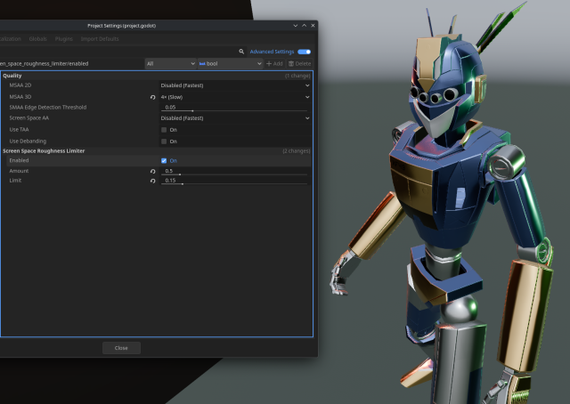 Front, screen-space roughness limiter ON. MSAA x4