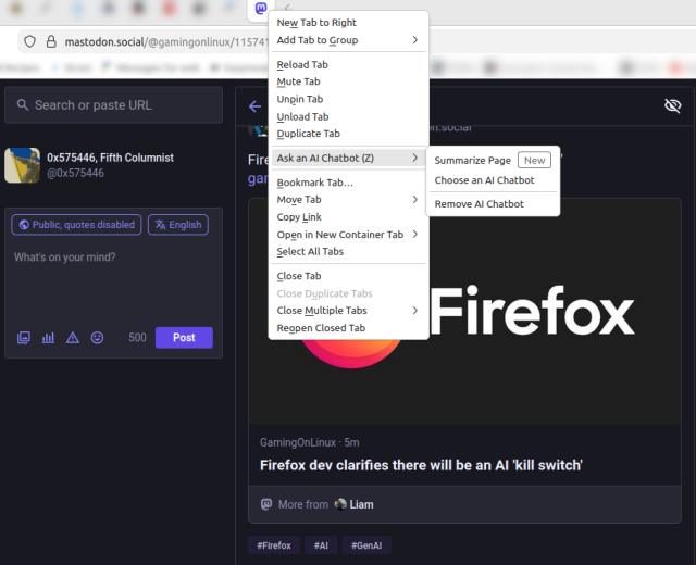 Screenshot of Firefox window. This thread is displayed behind the tab context menu. The item "Ask an AI Chatbot (Z)" is in the menu. The fly-out to the right shows options for "Summarize Page [New]", "Choose an AI Chatbot", and "Remove AI Chatbot".