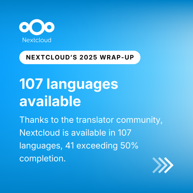Image with text: 107 languages, Thanks to the translator community, Nextcloud is available in 107 languages, 41 exceeding 50% completion.