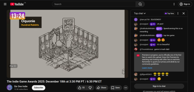 a screenshot of youtube, showing Oquonie on Playdate playing at the indie game awards 2025 with a timer in the top leftcorner reading 13:24 and an active chat area on the right.