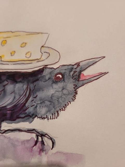 Close-up of a dark bird balancing a plate with a big wedge of cheese. It is hard to say if the bird is pleased about this. 