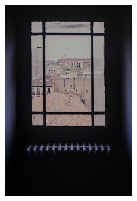 Color photograph of an attic window in the Palais Carli in Marseille. Through the window, you can see the roofs of the surrounding houses.  The window itself is old and dirty. The window frame is almost completely black due to the strong contrast, and below the window, the white surface of the radiator stands out with its striking shape.